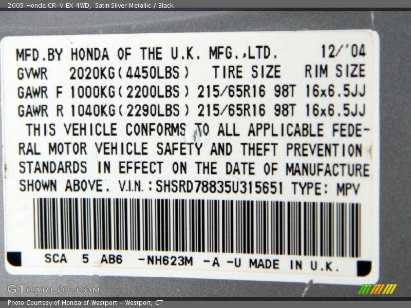 2005 CR-V EX 4WD Satin Silver Metallic Color Code NH623M