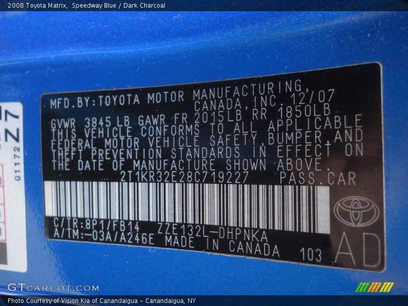 2008 Matrix  Speedway Blue Color Code 8P1