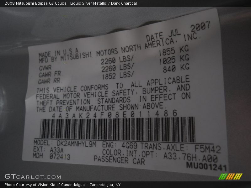 Liquid Silver Metallic / Dark Charcoal 2008 Mitsubishi Eclipse GS Coupe