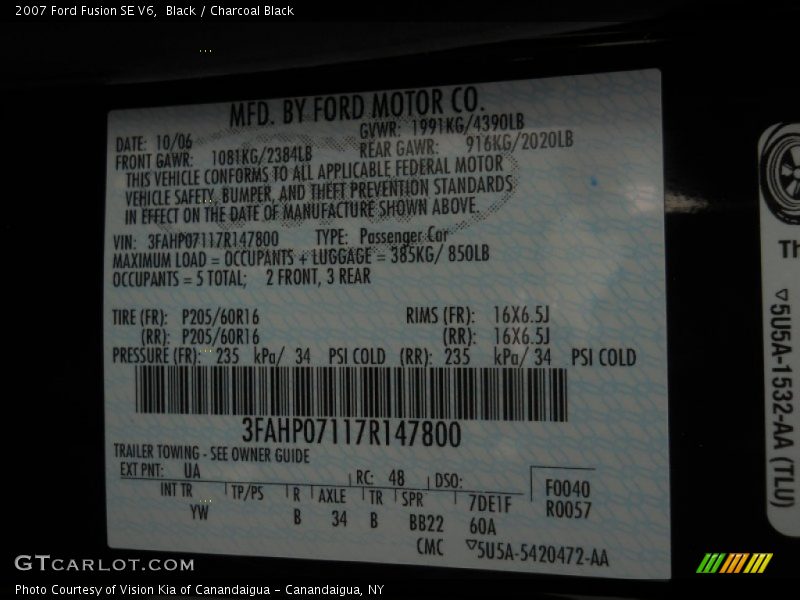 Black / Charcoal Black 2007 Ford Fusion SE V6