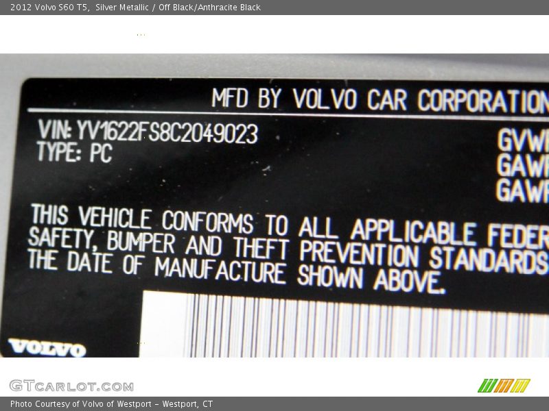 Silver Metallic / Off Black/Anthracite Black 2012 Volvo S60 T5
