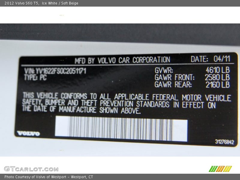 Ice White / Soft Beige 2012 Volvo S60 T5