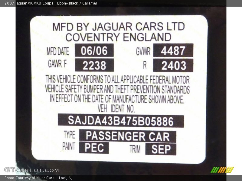2007 XK XK8 Coupe Ebony Black Color Code PEC