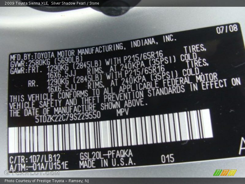 Silver Shadow Pearl / Stone 2009 Toyota Sienna XLE