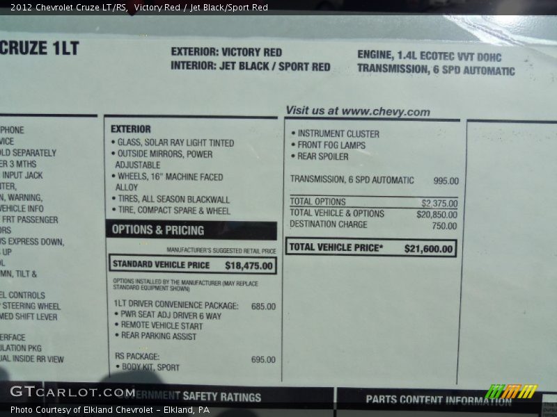  2012 Cruze LT/RS Window Sticker