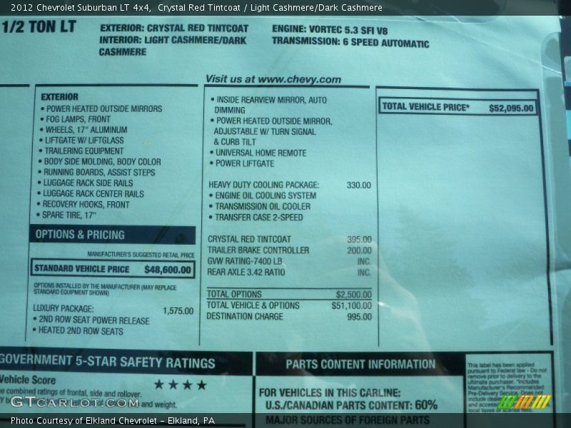  2012 Suburban LT 4x4 Window Sticker