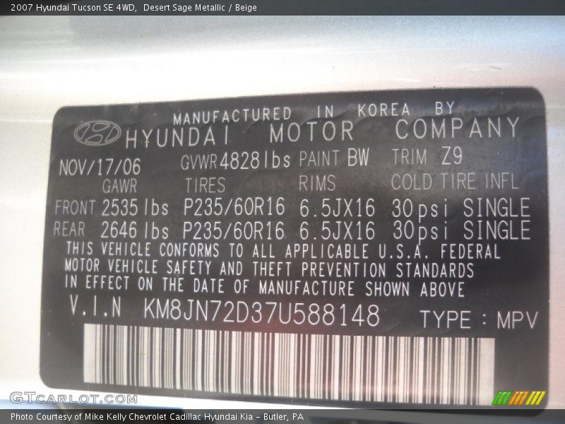 2007 Tucson SE 4WD Desert Sage Metallic Color Code BW