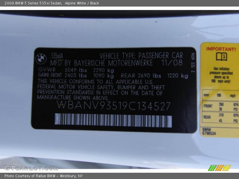 Alpine White / Black 2009 BMW 5 Series 535xi Sedan