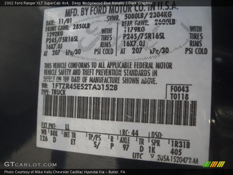 Deep Wedgewood Blue Metallic / Dark Graphite 2002 Ford Ranger XLT SuperCab 4x4
