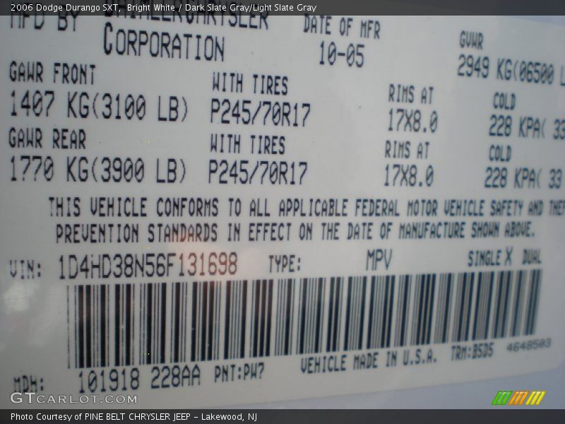Bright White / Dark Slate Gray/Light Slate Gray 2006 Dodge Durango SXT