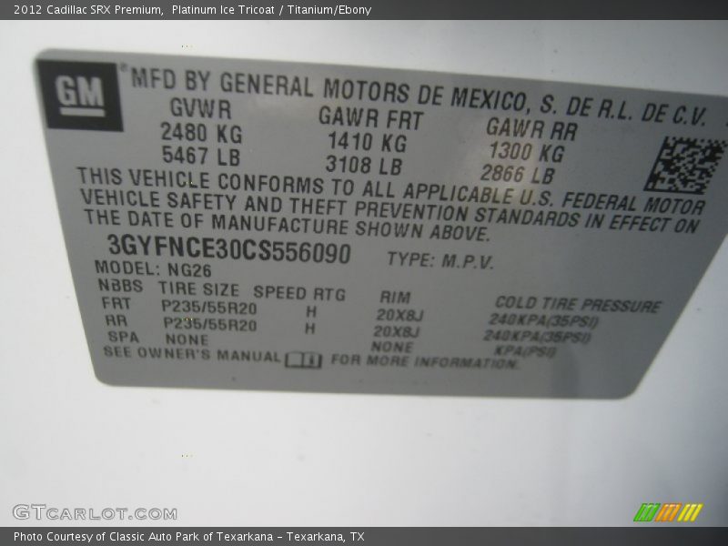 Platinum Ice Tricoat / Titanium/Ebony 2012 Cadillac SRX Premium