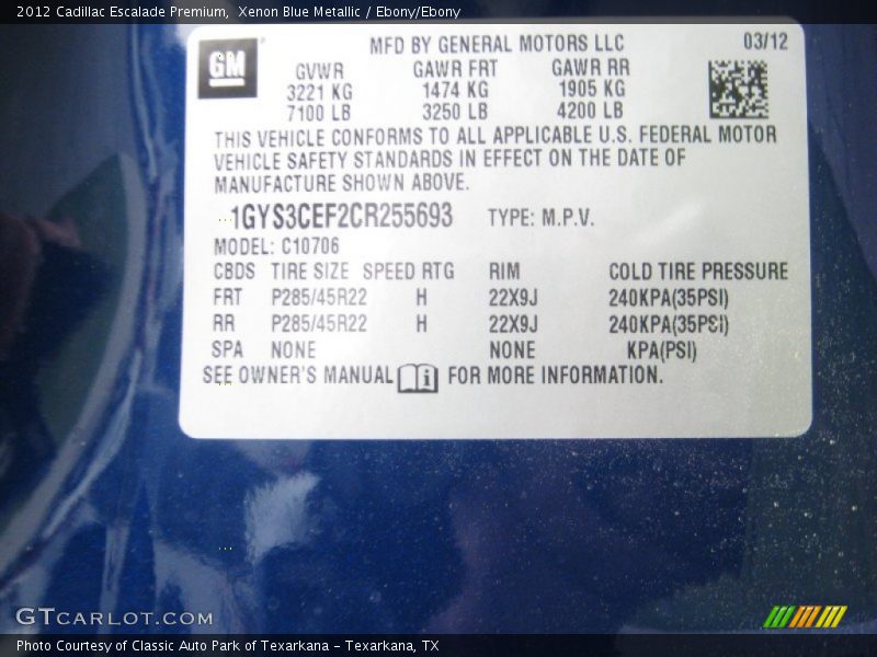 Xenon Blue Metallic / Ebony/Ebony 2012 Cadillac Escalade Premium