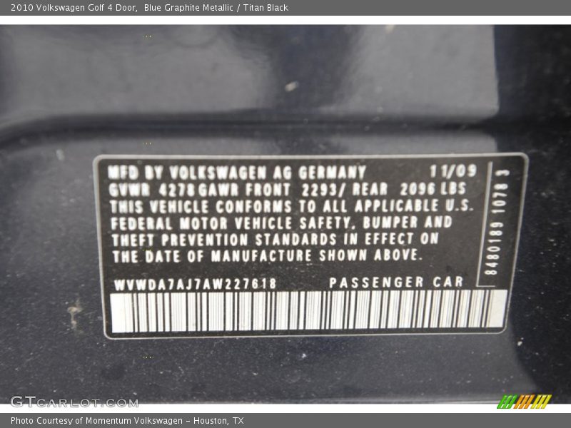 Blue Graphite Metallic / Titan Black 2010 Volkswagen Golf 4 Door