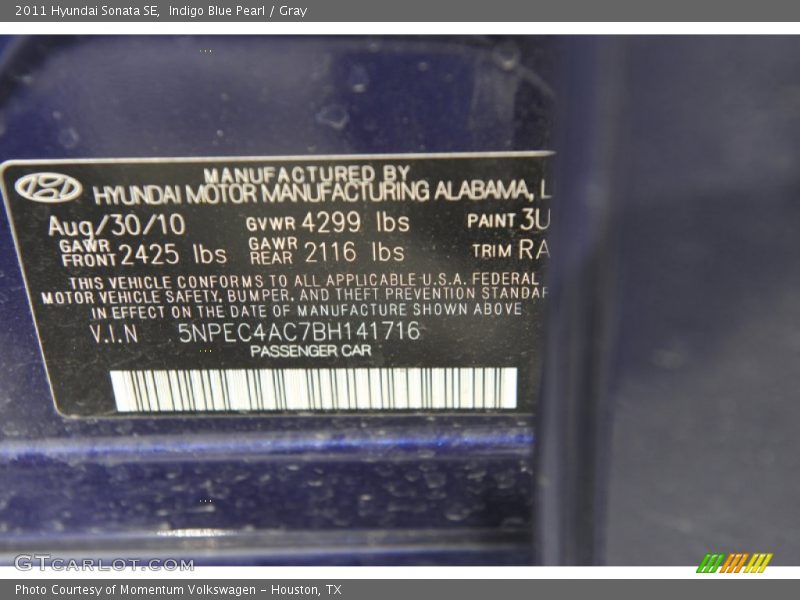 2011 Sonata SE Indigo Blue Pearl Color Code 3U