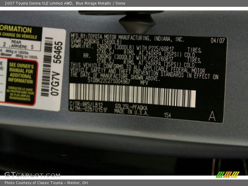 2007 Sienna XLE Limited AWD Blue Mirage Metallic Color Code 8R5