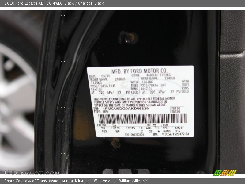 2010 Escape XLT V6 4WD Black Color Code UA