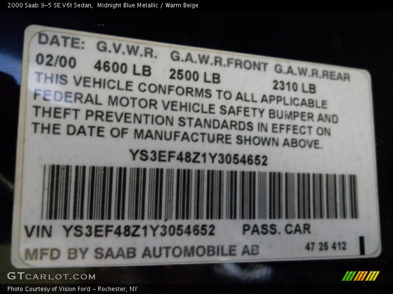 Midnight Blue Metallic / Warm Beige 2000 Saab 9-5 SE V6t Sedan