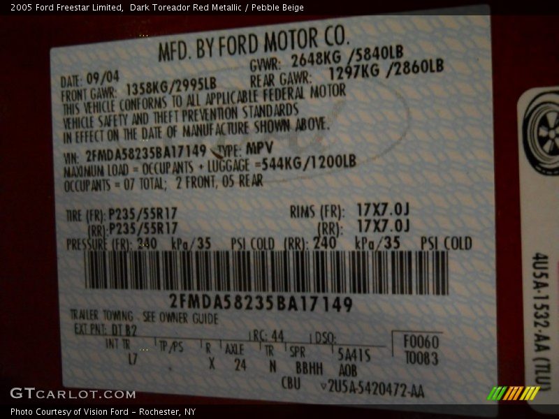 2005 Freestar Limited Dark Toreador Red Metallic Color Code DT