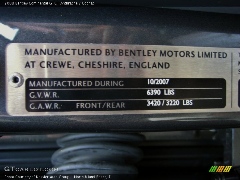 Info Tag of 2008 Continental GTC 