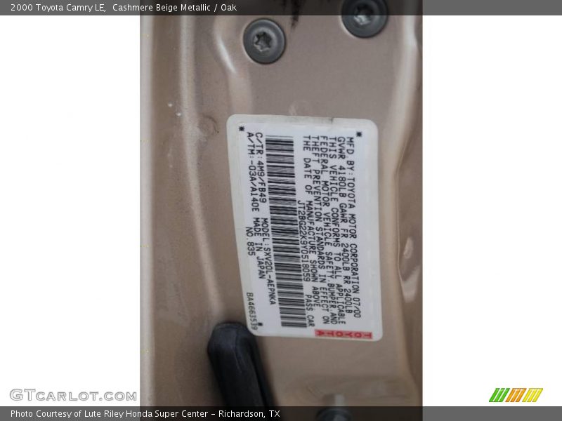 Cashmere Beige Metallic / Oak 2000 Toyota Camry LE