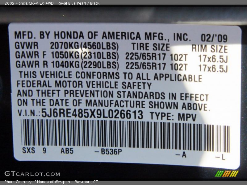 2009 CR-V EX 4WD Royal Blue Pearl Color Code B536P