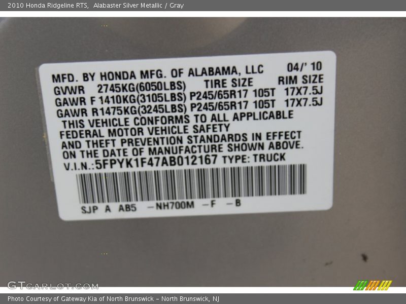 2010 Ridgeline RTS Alabaster Silver Metallic Color Code NH700M
