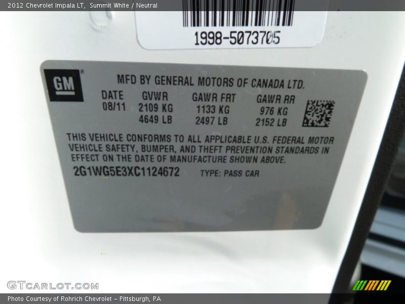 Summit White / Neutral 2012 Chevrolet Impala LT