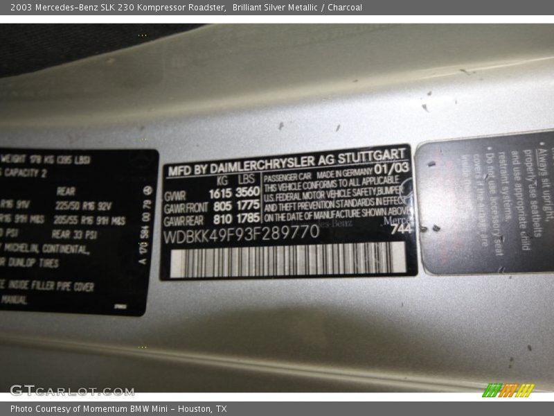 Brilliant Silver Metallic / Charcoal 2003 Mercedes-Benz SLK 230 Kompressor Roadster