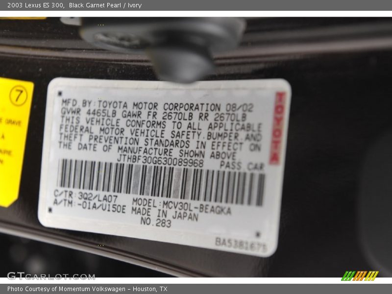 2003 ES 300 Black Garnet Pearl Color Code 3Q2