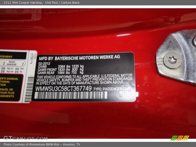 Chili Red / Carbon Black 2012 Mini Cooper Hardtop