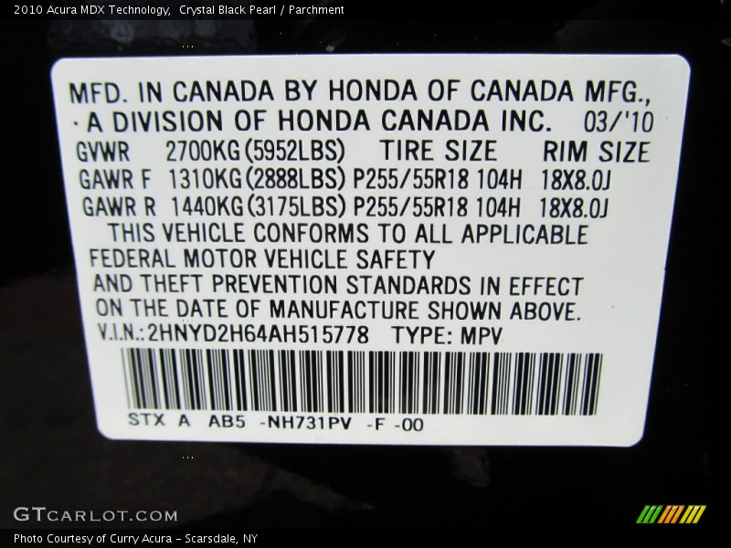 Crystal Black Pearl / Parchment 2010 Acura MDX Technology