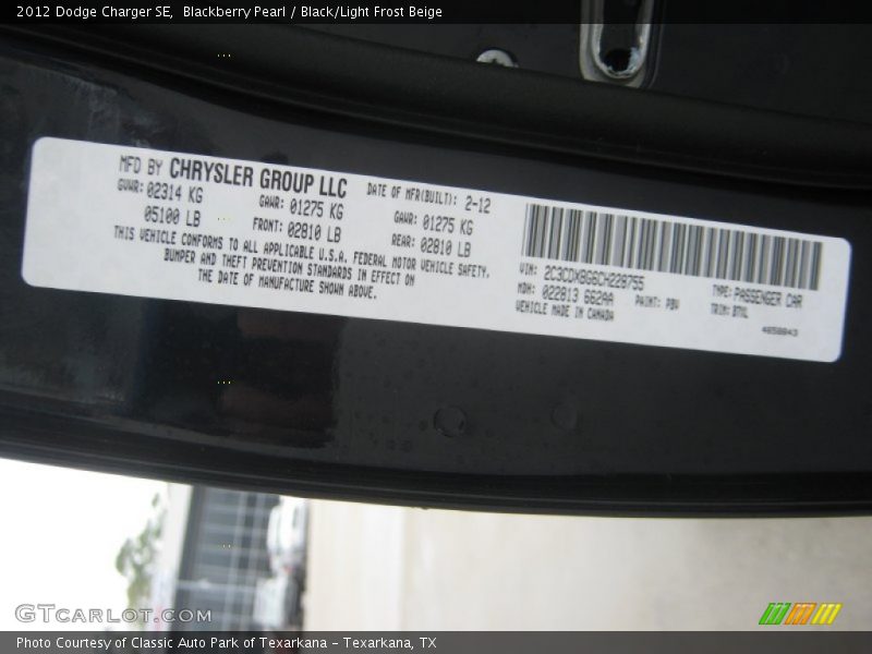 Blackberry Pearl / Black/Light Frost Beige 2012 Dodge Charger SE