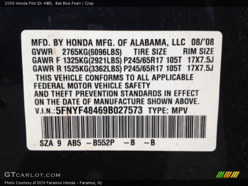 Bali Blue Pearl / Gray 2009 Honda Pilot EX 4WD