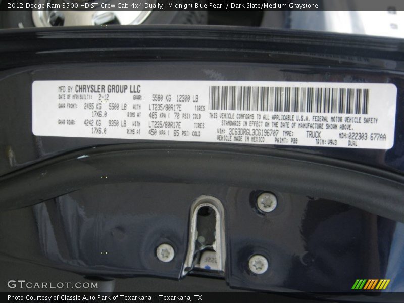2012 Ram 3500 HD ST Crew Cab 4x4 Dually Midnight Blue Pearl Color Code PB8
