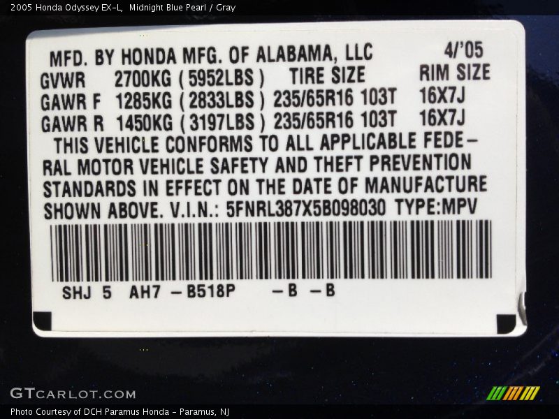 Midnight Blue Pearl / Gray 2005 Honda Odyssey EX-L