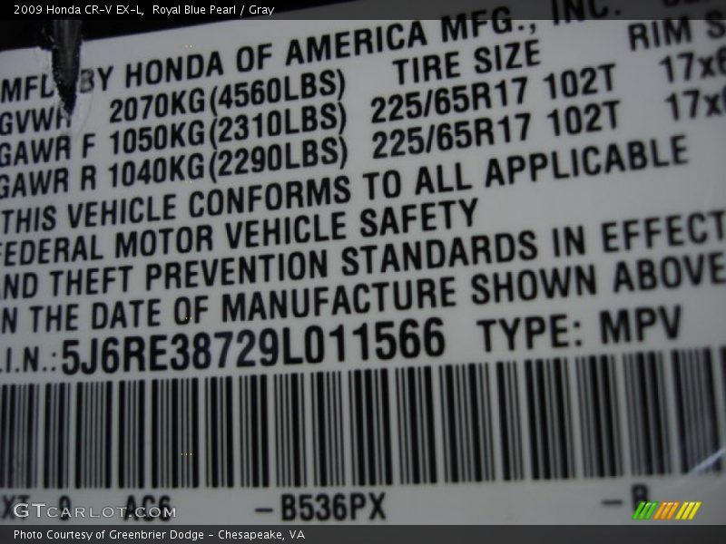 2009 CR-V EX-L Royal Blue Pearl Color Code B536PX