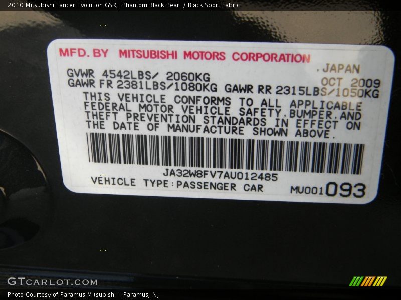 Phantom Black Pearl / Black Sport Fabric 2010 Mitsubishi Lancer Evolution GSR