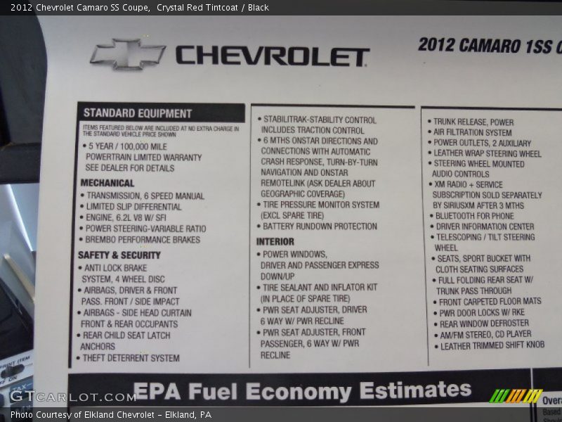  2012 Camaro SS Coupe Window Sticker