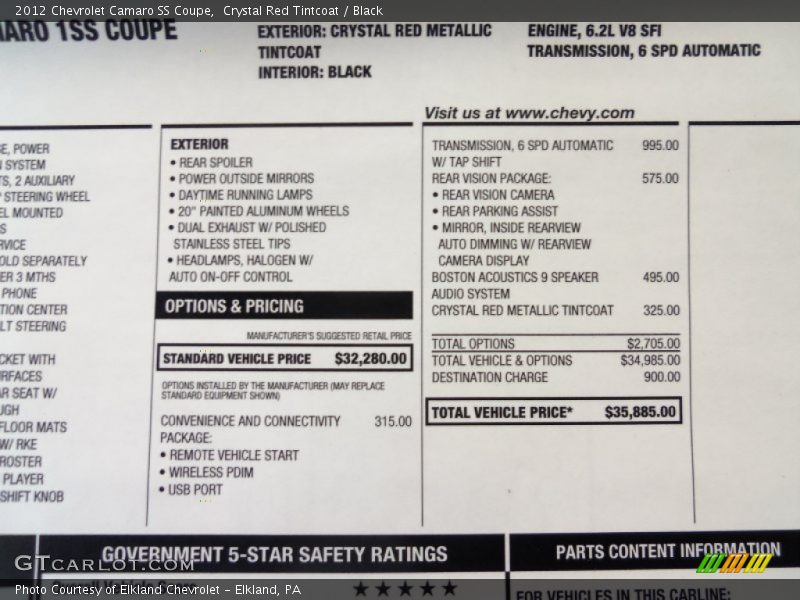  2012 Camaro SS Coupe Window Sticker