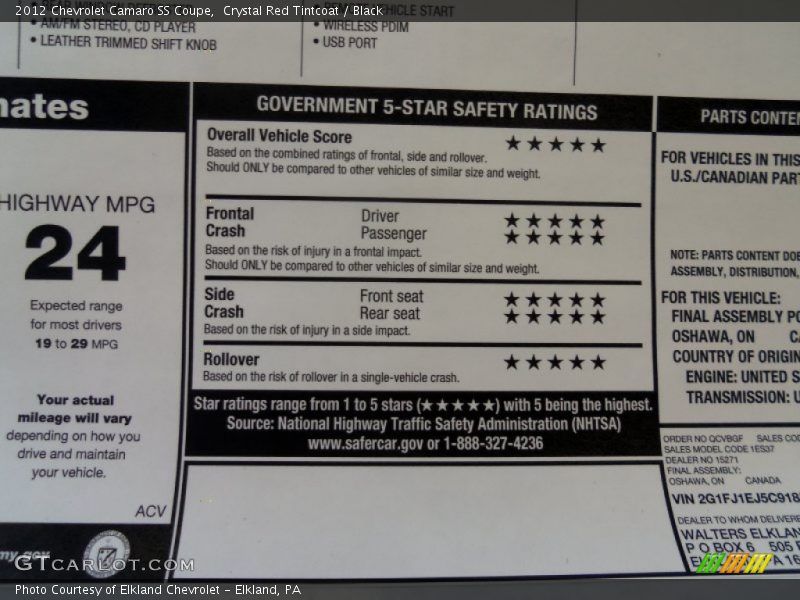  2012 Camaro SS Coupe Window Sticker