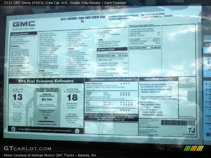  2012 Sierra 1500 SL Crew Cab 4x4 Window Sticker