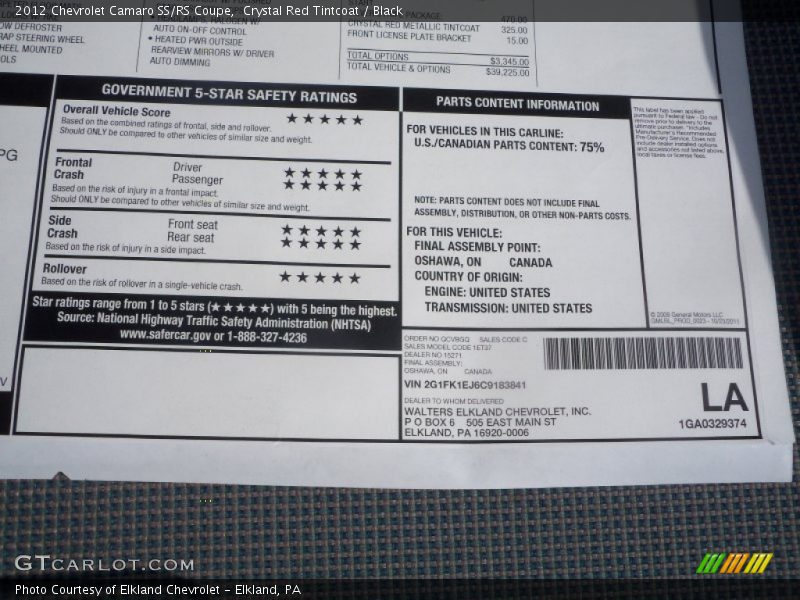  2012 Camaro SS/RS Coupe Window Sticker