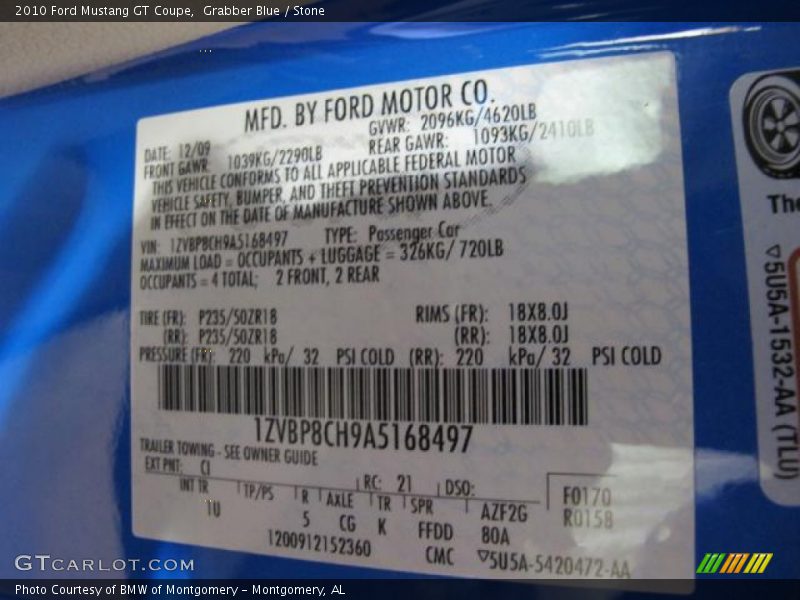 Grabber Blue / Stone 2010 Ford Mustang GT Coupe
