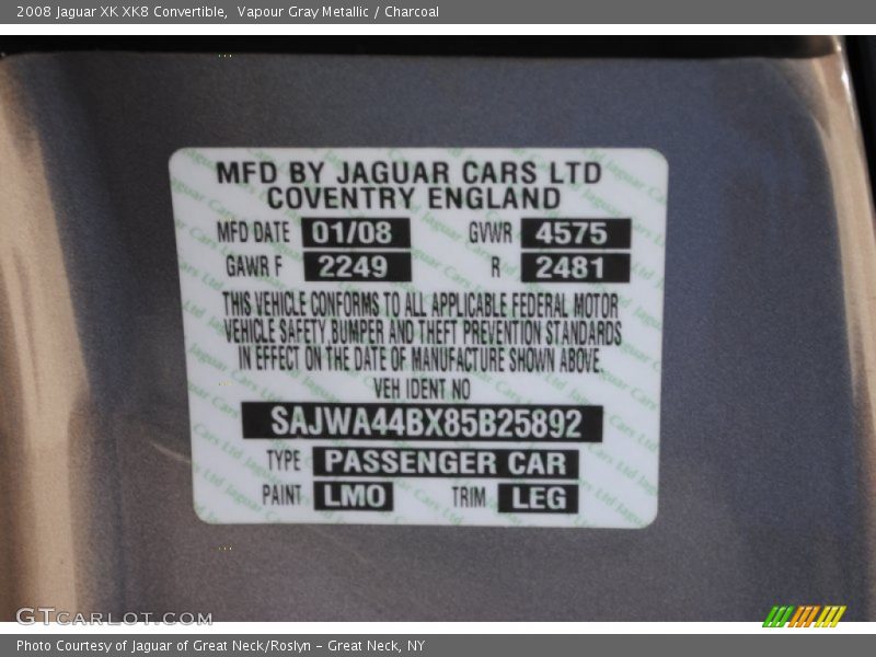 2008 XK XK8 Convertible Vapour Gray Metallic Color Code LMO