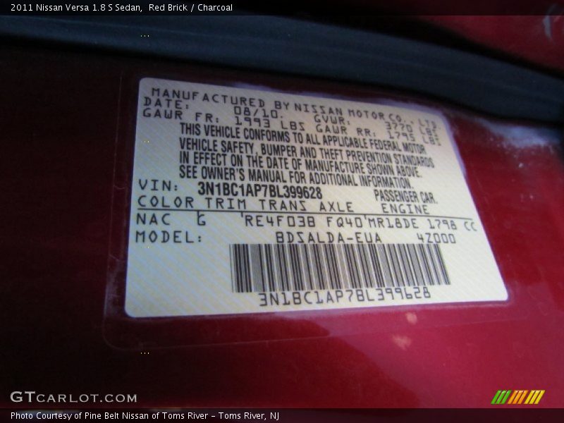 2011 Versa 1.8 S Sedan Red Brick Color Code NAC