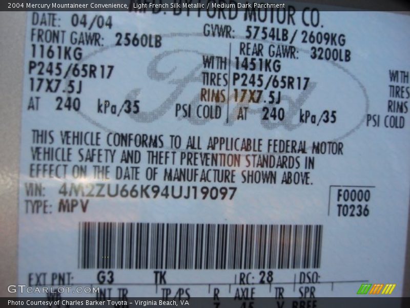 2004 Mountaineer Convenience Light French Silk Metallic Color Code G3