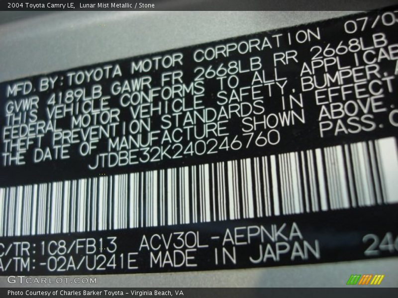 Lunar Mist Metallic / Stone 2004 Toyota Camry LE
