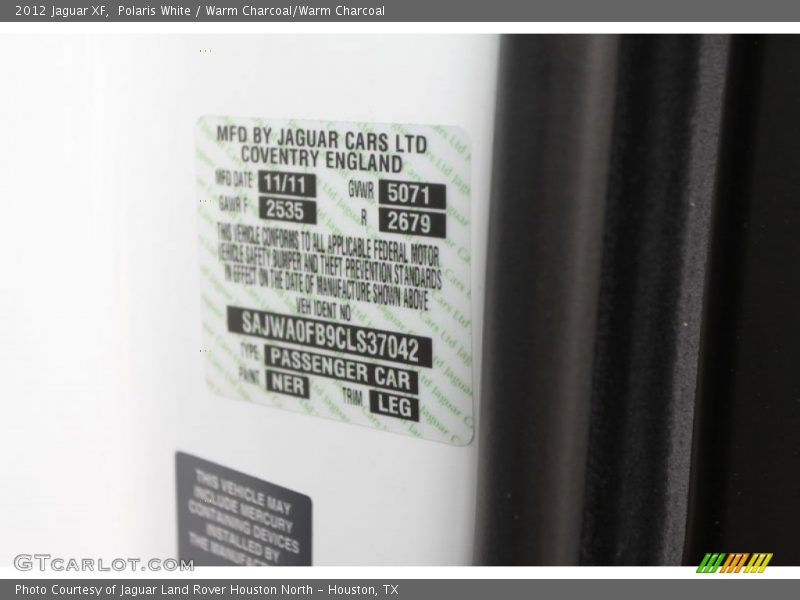 Polaris White / Warm Charcoal/Warm Charcoal 2012 Jaguar XF