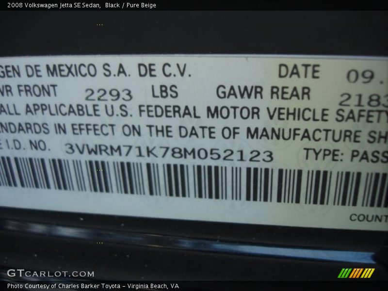 Black / Pure Beige 2008 Volkswagen Jetta SE Sedan