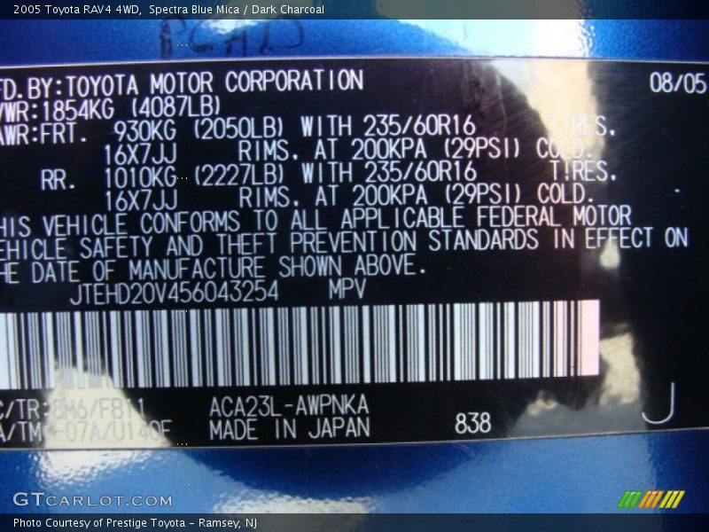 Spectra Blue Mica / Dark Charcoal 2005 Toyota RAV4 4WD